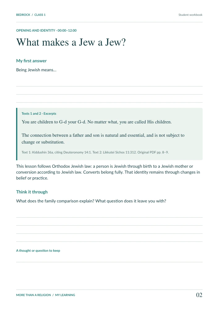 A student workbook page with source readings and writing space